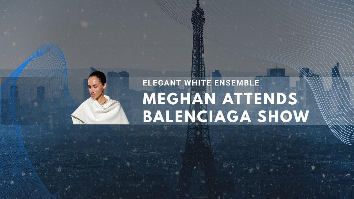 Meghan in white attire against city skyline with snowflake decorations.