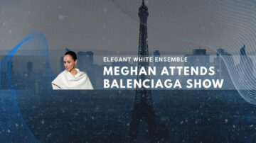 Meghan in white attire against city skyline with snowflake decorations.
