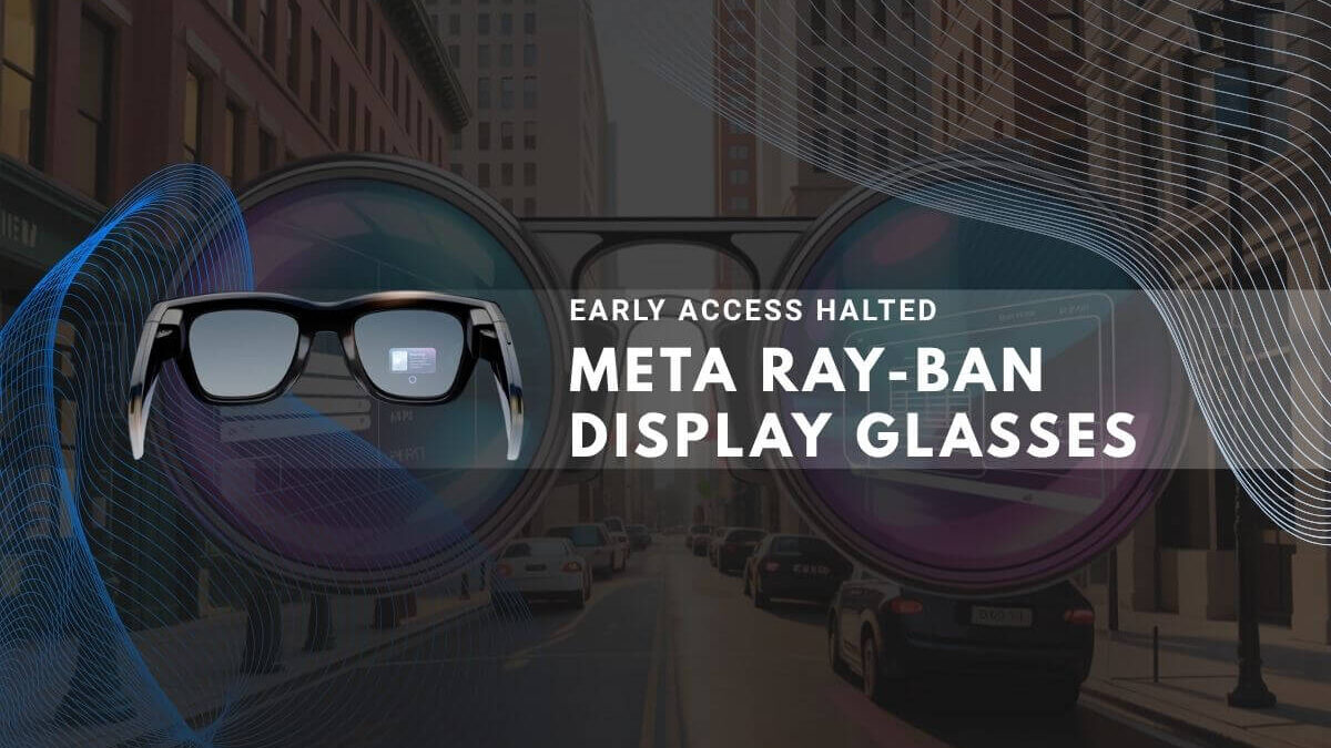 Meta Ray-Ban display glasses superimposed on a busy city street background.
