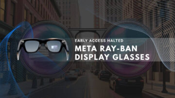Meta Ray-Ban display glasses superimposed on a busy city street background.