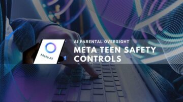 Meta AI parental oversight and teen safety controls on laptop with digital effects