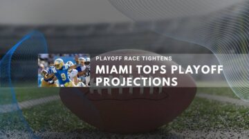 Football field scene with playoff projections text and Miami team reference.
