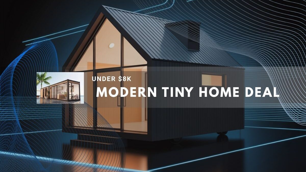 Modern wooden tiny house with large windows in a forest setting