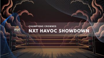 Empty wrestling ring with fiery smoke and NXT Havoc logo
