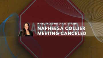 Napheesa Collier Meeting Canceled** Alt text: Red octagonal design on cracked brown wall with WNBA related text.