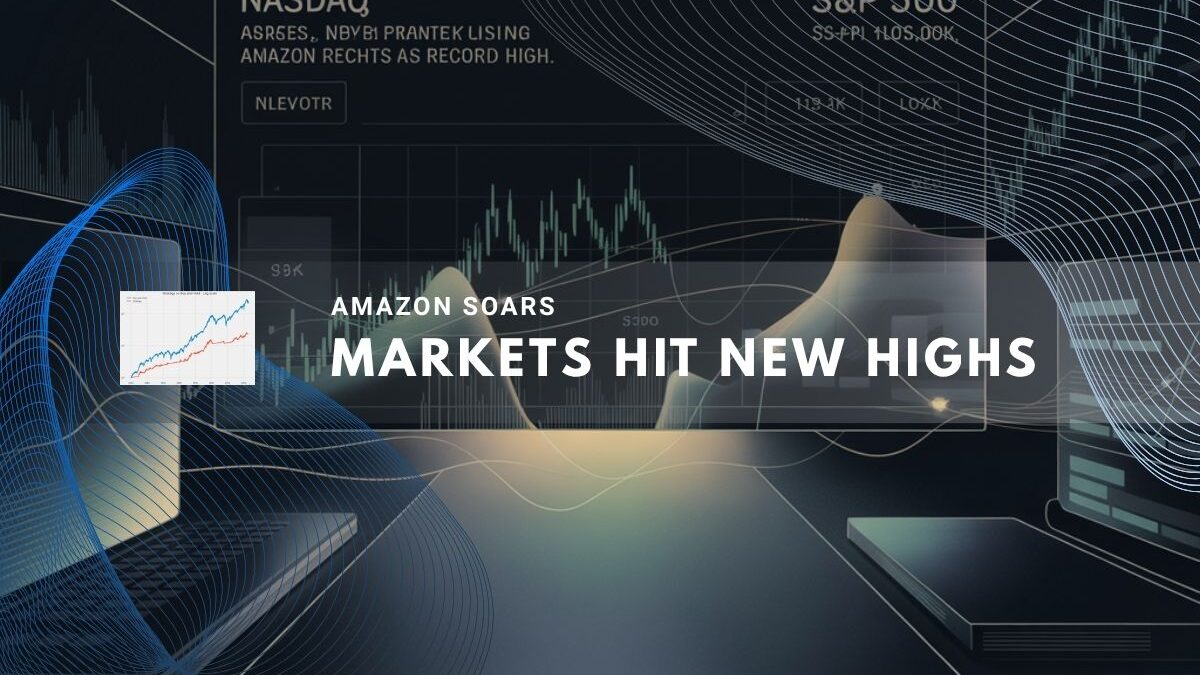 Digital chart showing upward stock trends for Amazon and major indexes