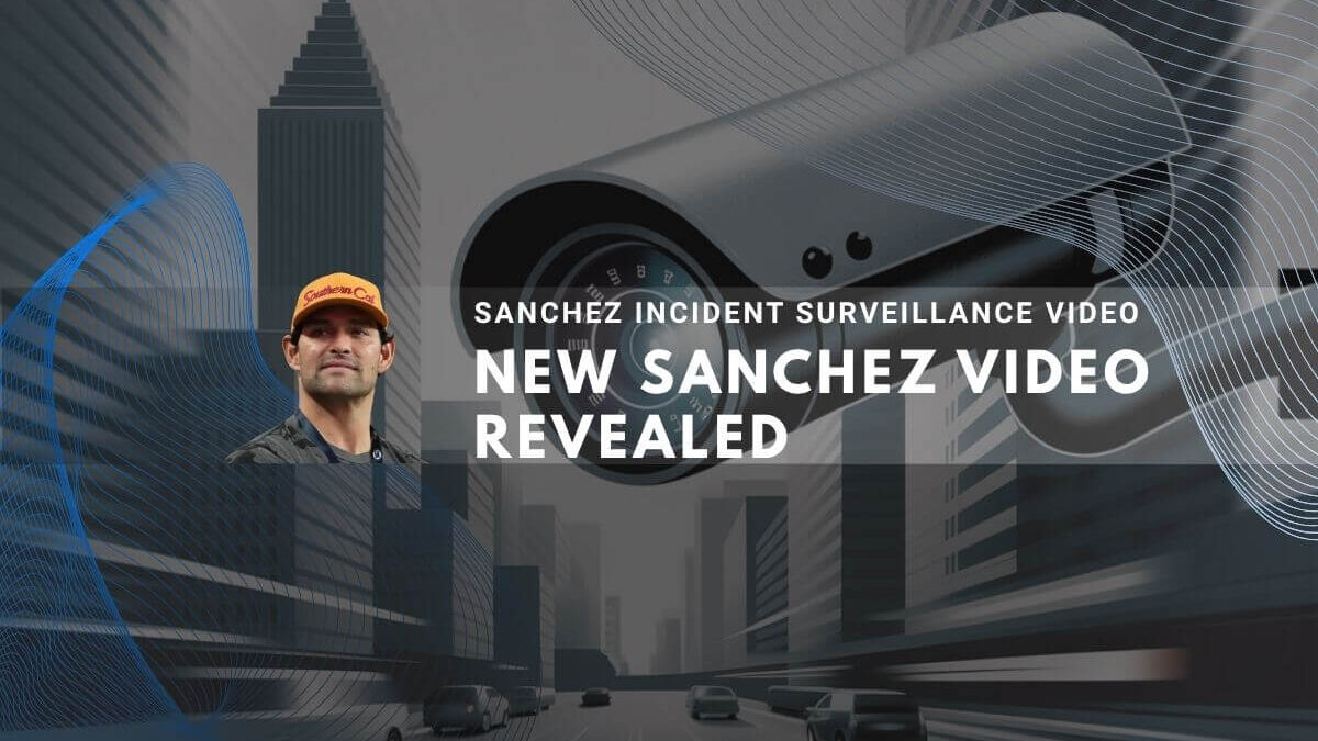 Mark Sanchez's face is superimposed over a surveillance camera and a city street.