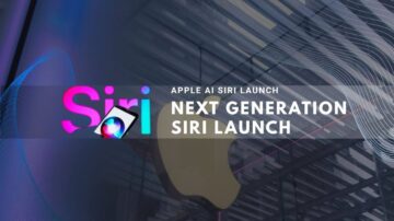 Apple launches next-generation Siri with colorful logo in modern architectural space.