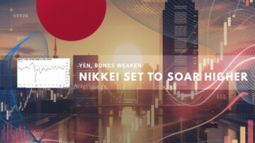 Market update indicating the Nikkei index set to rise amid weakening yen and bonds.