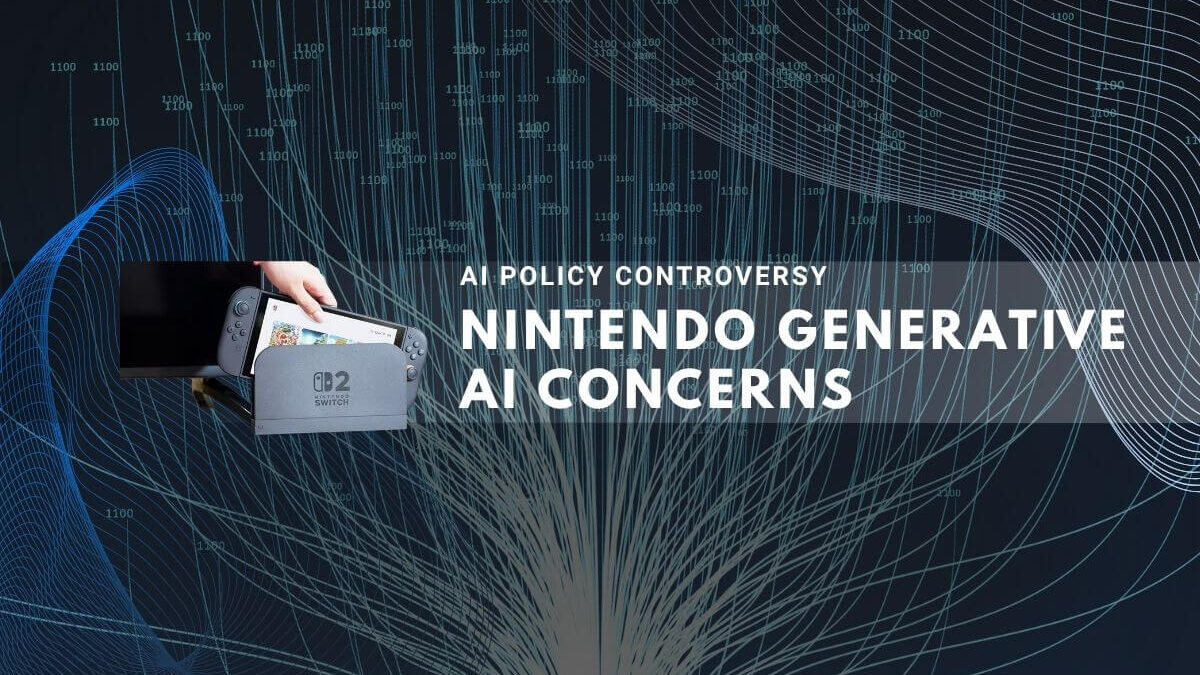 Dark tech background with Nintendo Switch and AI controversy text.