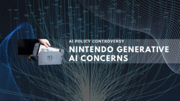 Dark tech background with Nintendo Switch and AI controversy text.