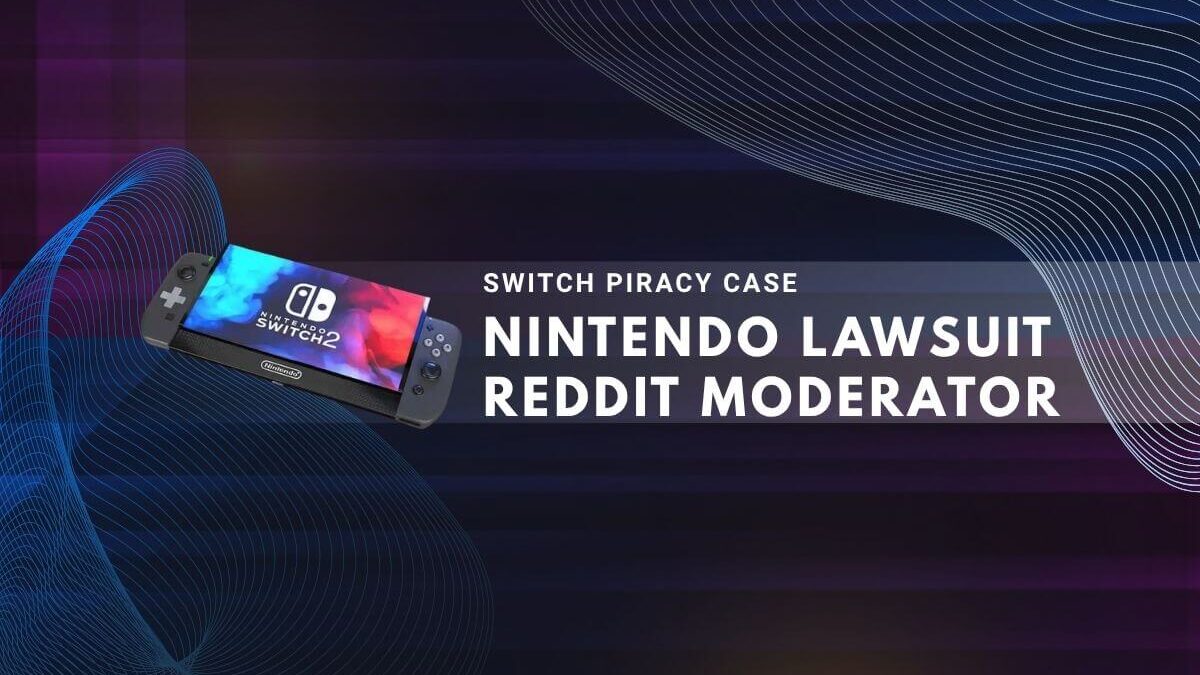 Nintendo Switch2 device with tech background and SWITCH PIRACY CASE.
