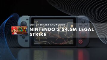 Nintendo Switch console with legal dispute graphics displayed