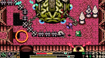 Retro pixel art shows a mouse fighting a skeleton snake.