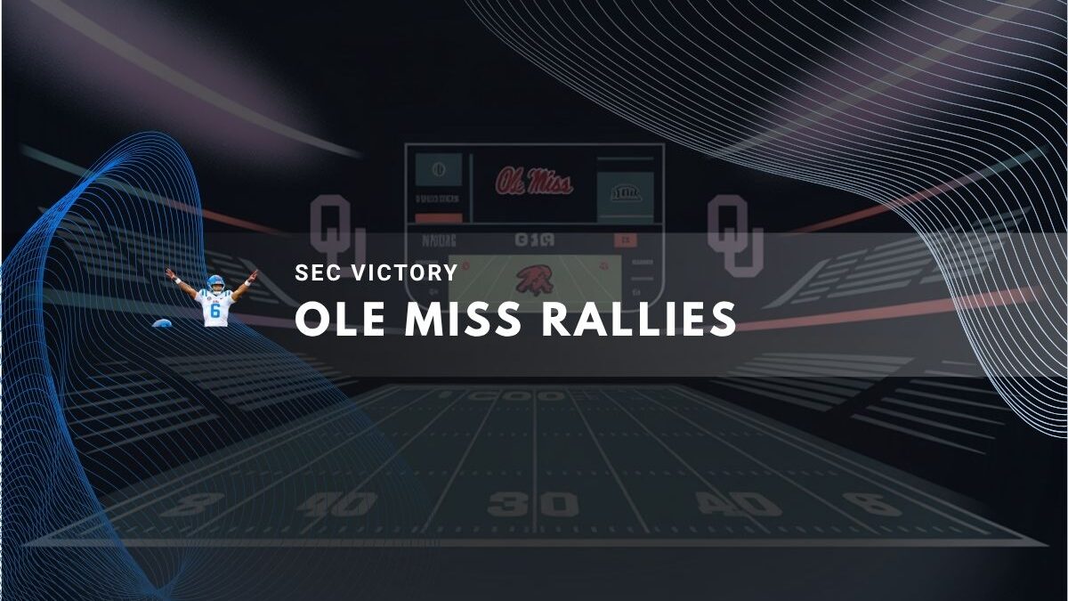 Football field with Ole Miss scoreboard and cheering player
