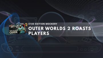 Futuristic game console with Outer Worlds 2 promotional