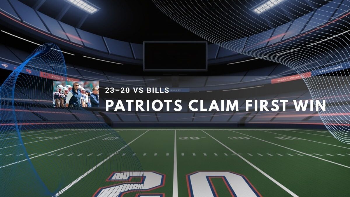Empty football field with scoreboard showing Patriots’ 23–20 win over Bills