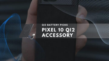 Hand holding Pixel 10 phone with Q12 battery accessory and tech background