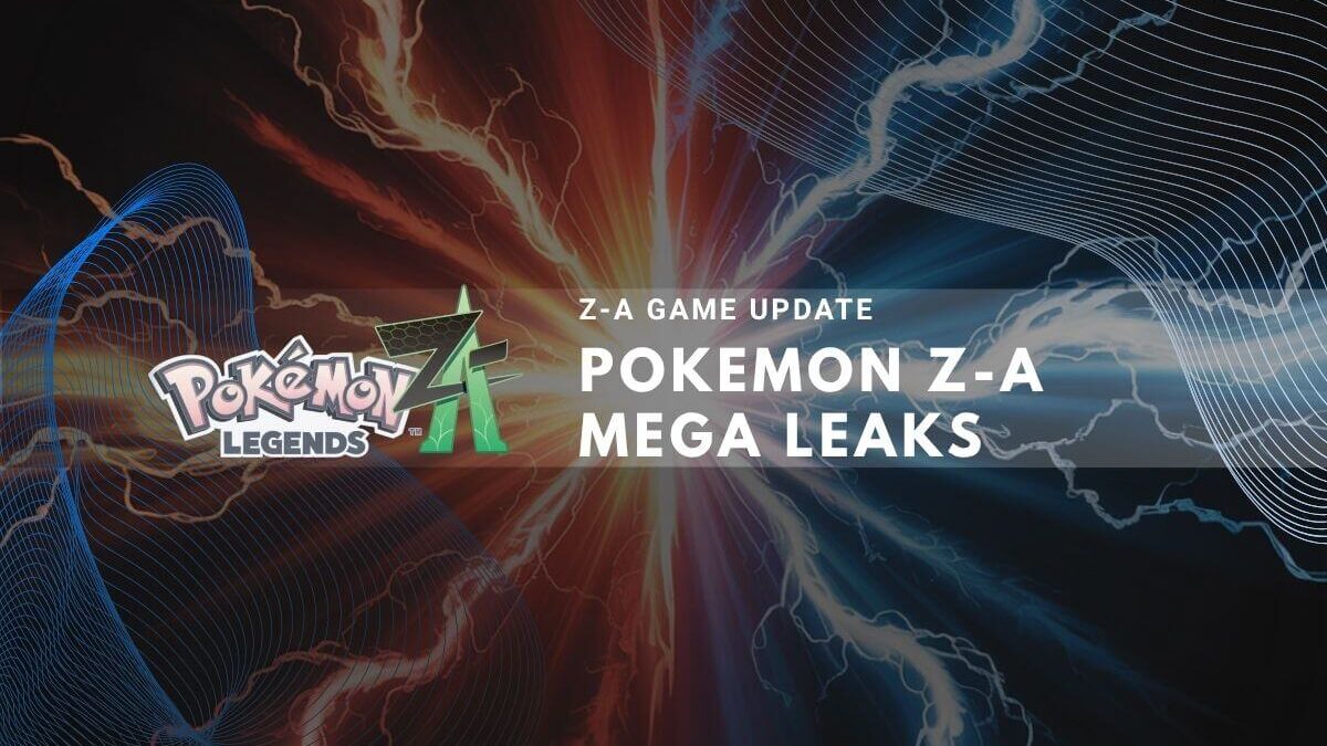 A dark background with red and blue lightning effects, featuring the Pokémon Legends Z-A logo and text about "Mega Leaks."