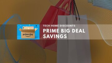 Hand holding red and gray shopping bags with 'PRIME BIG DEAL SAVINGS' text on brown background