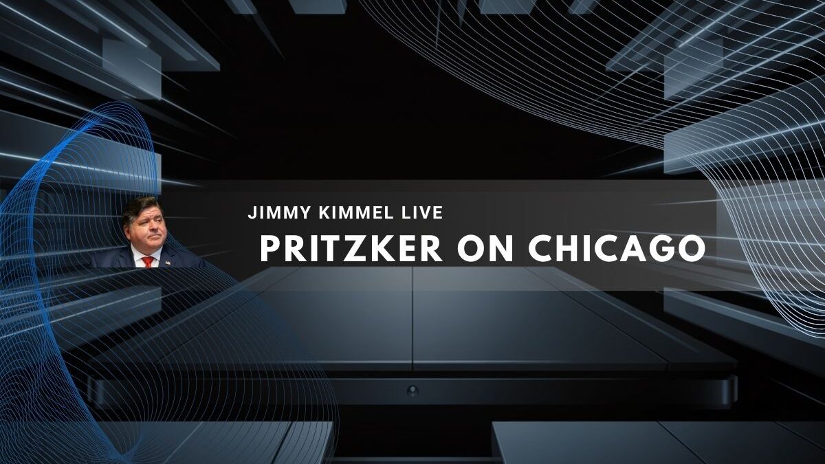 Illinois Governor J.B. Pritzker pictured against a modern abstract background with geometric lines.