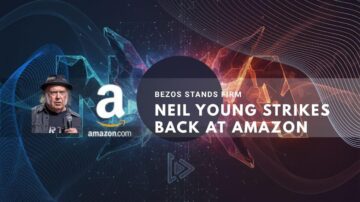 Neil Young with microphone alongside Amazon logo and text about conflict with Bezos