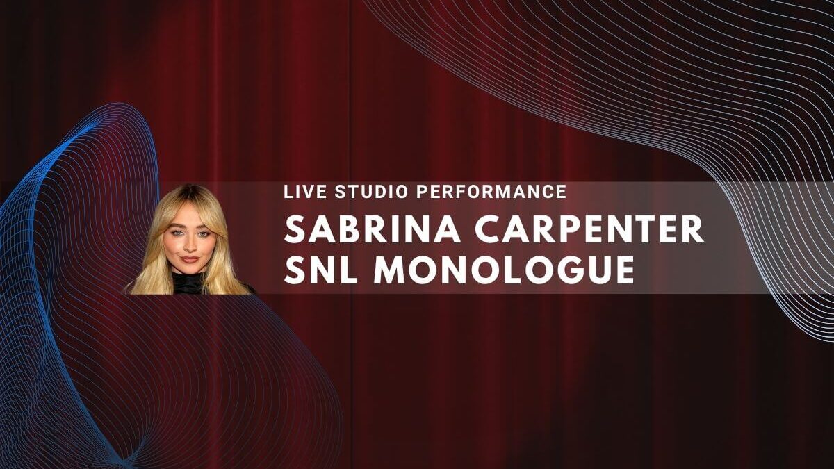 Promotional image for Sabrina Carpenter's SNL monologue, deep red gradient, live studio performance text.