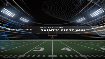 Celebration of the Saints' first win featuring CBS Sports branding.