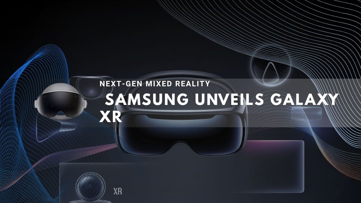 Futuristic Samsung headset displayed with glowing digital effects