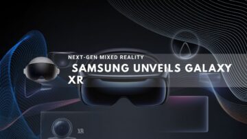Futuristic Samsung headset displayed with glowing digital effects