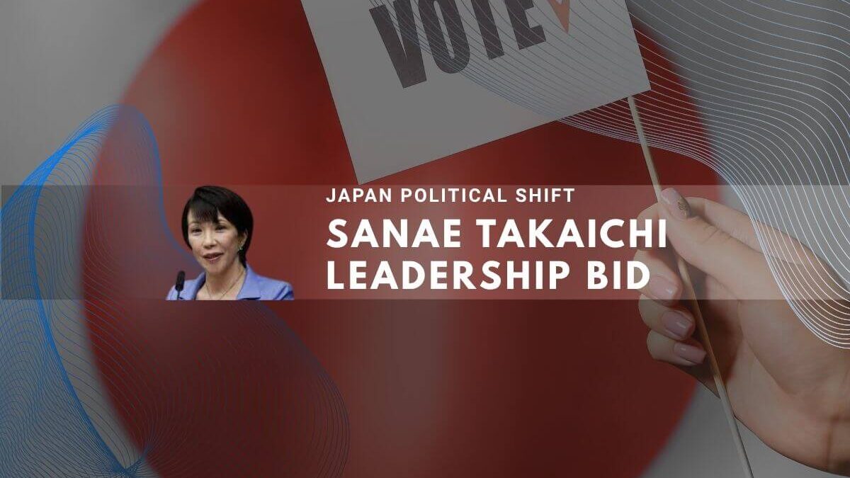 Japanese political scene with flag, vote sign, and Sanae Takaichi leadership bid.