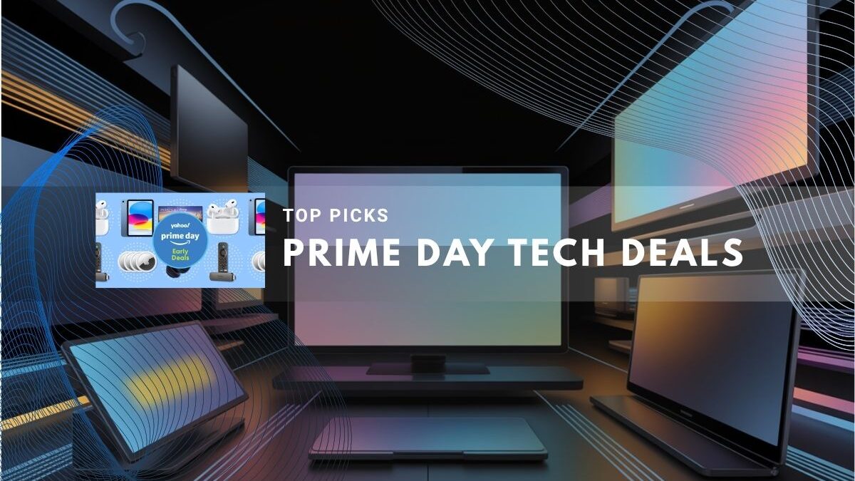 A display of various tech gadgets including TVs, iPads, and laptops.