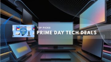 A display of various tech gadgets including TVs, iPads, and laptops.