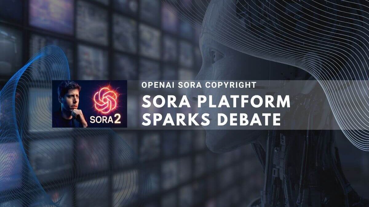 Tech-style image showing OpenAI Sora platform with robot and displays