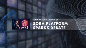 Tech-style image showing OpenAI Sora platform with robot and displays