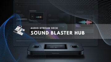 Modern audio control deck with waveform graphics on sleek screens