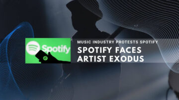 Green Spotify logo with musician silhouette against abstract background