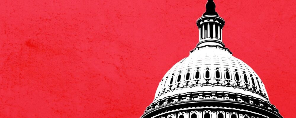 render of the US Capitol dome on red background