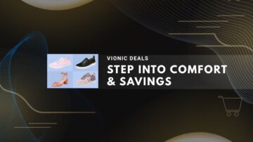 Shoe promotion poster with four shoes and text "Step Into Comfort & Savings"