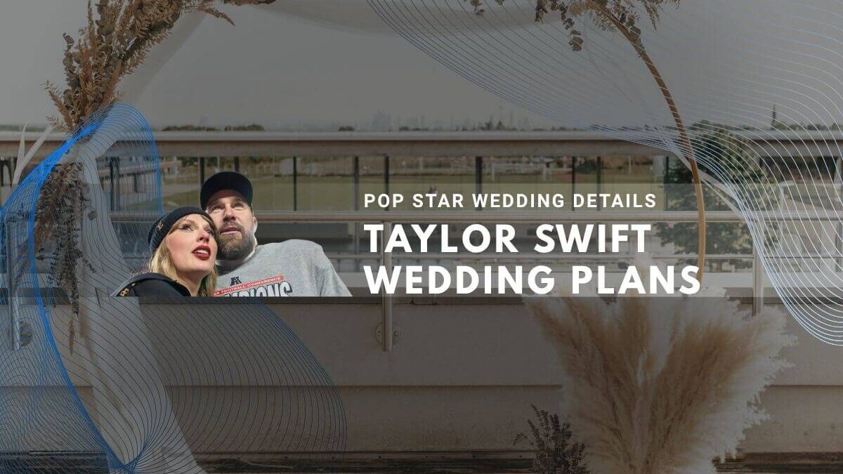 Outdoor wedding scene with floral arch and decorations for Taylor Swift