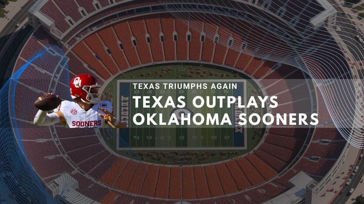 Graphic showing a football player over a stadium with text: 'Texas Outplays Oklahoma Sooners'.