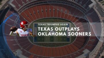 Graphic showing a football player over a stadium with text: 'Texas Outplays Oklahoma Sooners'.
