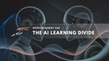 digital illustration highlighting a concept related to the "AI learning divide," featuring two futuristic humanoid figures