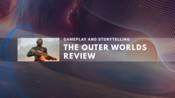 The Outer Worlds review art, showing an armed robot in a sci-fi universe with nebulae and planets.
