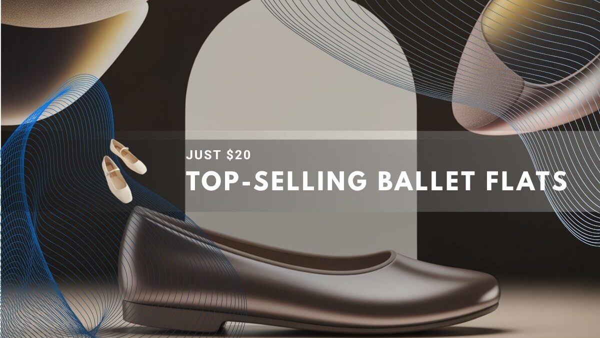 Elegant brown ballet flat shoe displayed in a modern, abstract retail setting