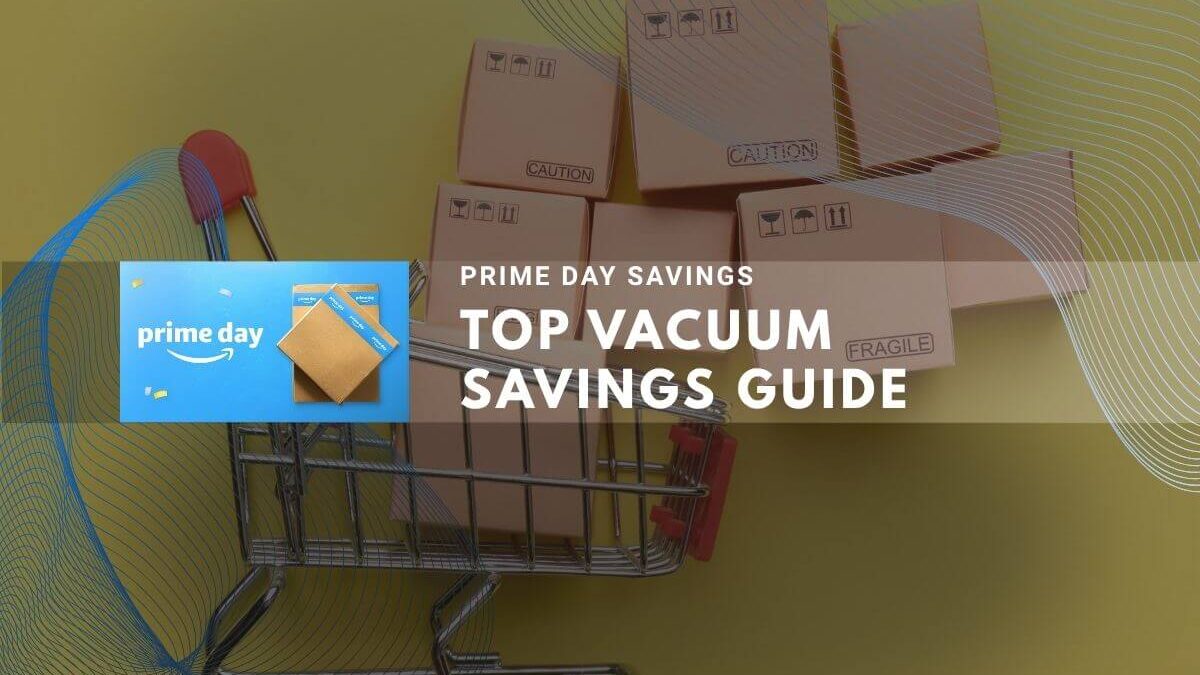 Shopping cart with caution boxes on yellow background promoting Prime Day vacuum deals