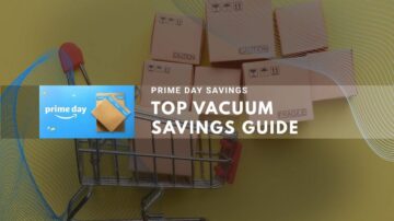 Shopping cart with caution boxes on yellow background promoting Prime Day vacuum deals
