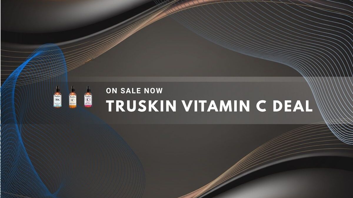 Abstract waves highlighting skincare bottles promoting a TruSkin Vitamin C sale.