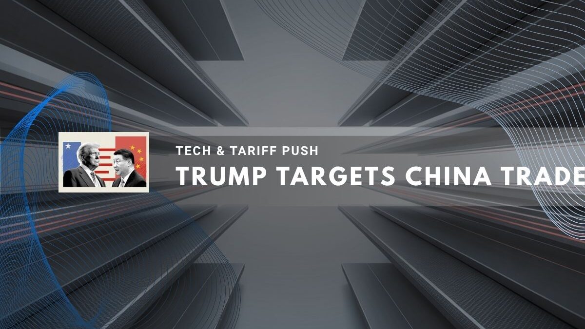 Abstract tech background with image of Donald Trump and Xi Jinping under U.S. and Chinese flags.