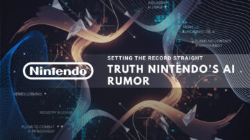 Nintendo logo with text about AI rumor denial on tech background